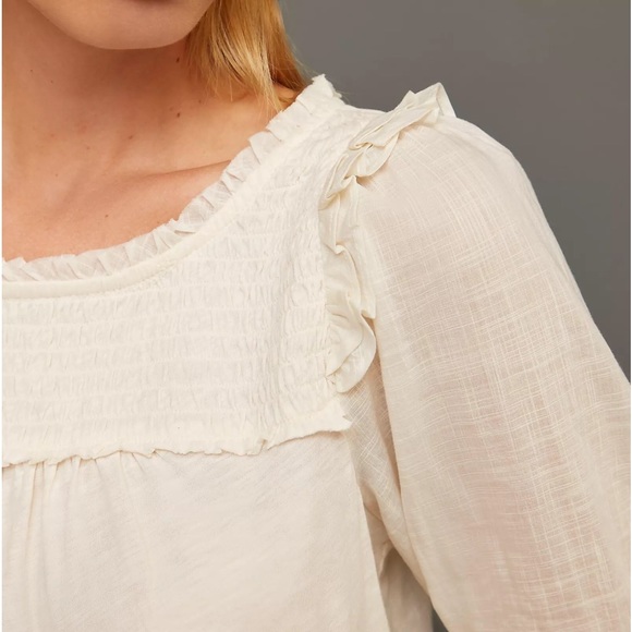 NWT By Anthropologie Smocked Puff-Sleeve Knit Top in Ivory Size XS - Picture 9 of 16